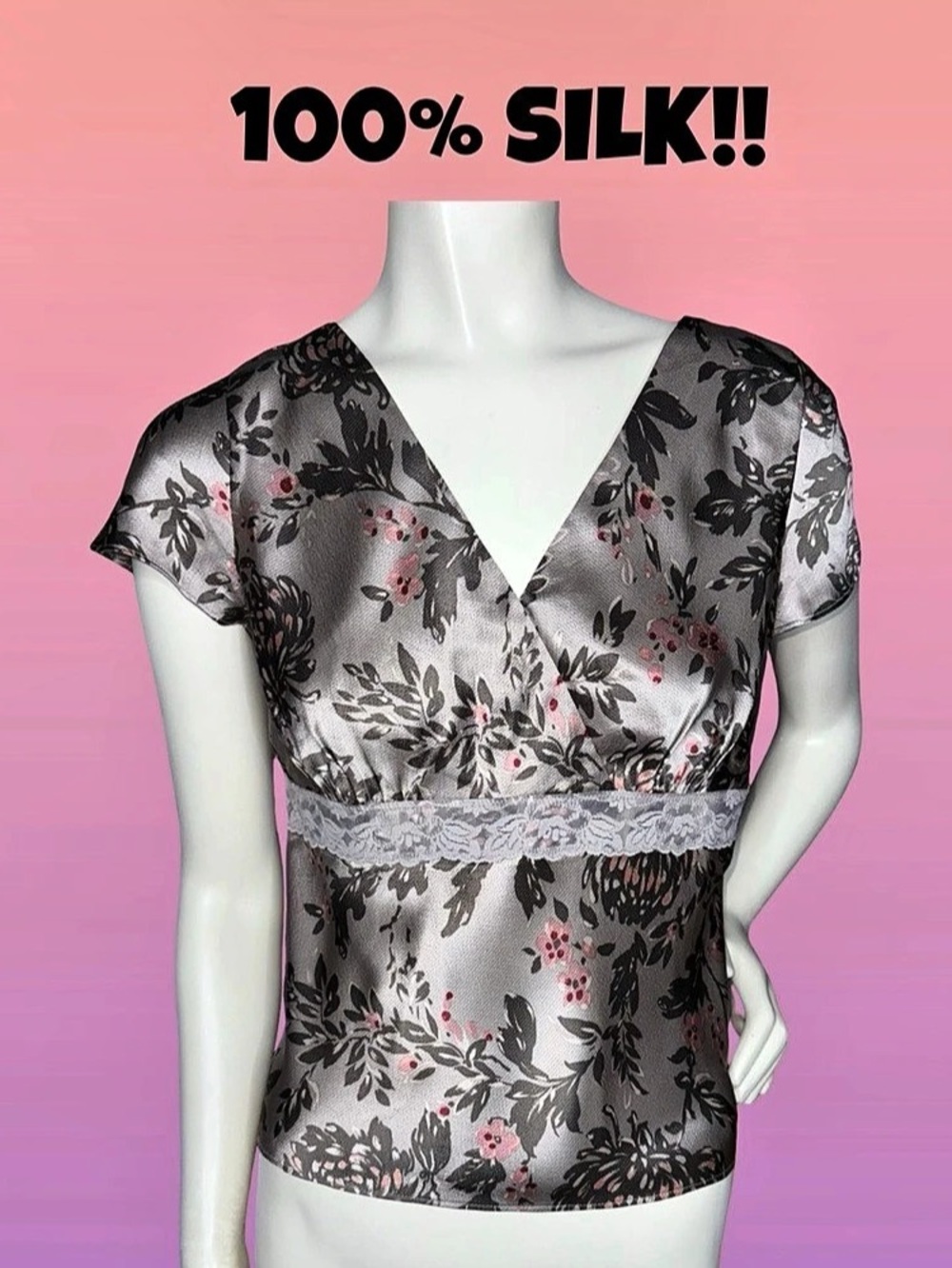 Vintage Y2K Ann Taylor LOFT 100% Silk Babydoll Blouse Lace Trim Floral V-Neck